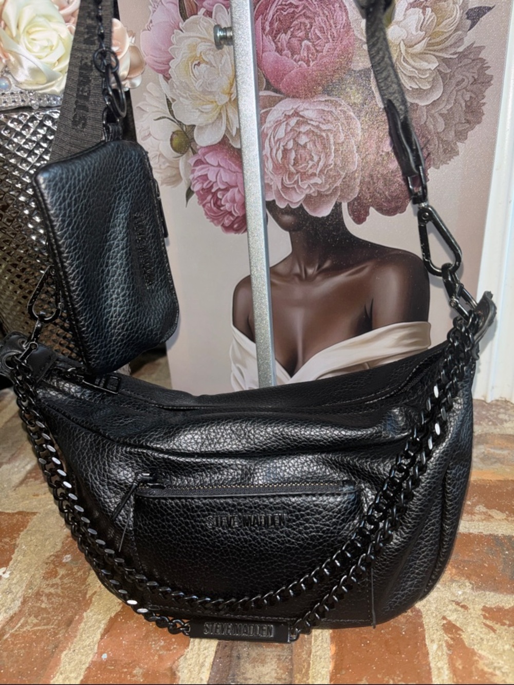 Steve Madden Black Pebbled Leather Chain-Detail Shoulder Bag